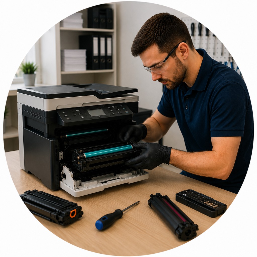 Technician repairing a printer